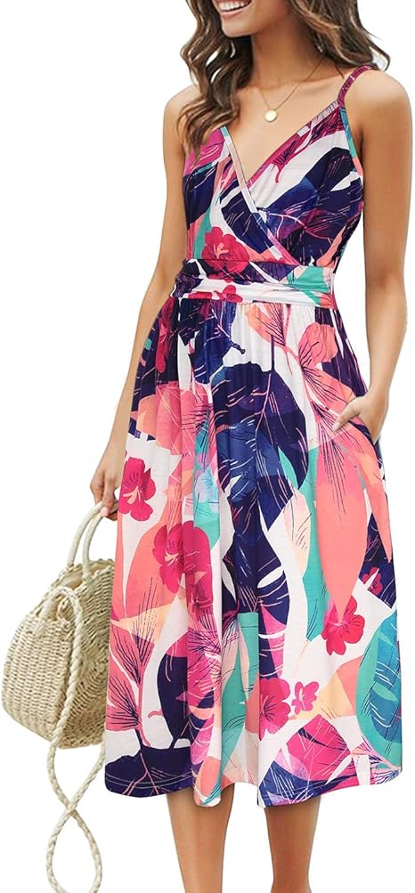 OUGES Women's Summer Spaghetti Strap V-Neck Floral Dress with Pockets