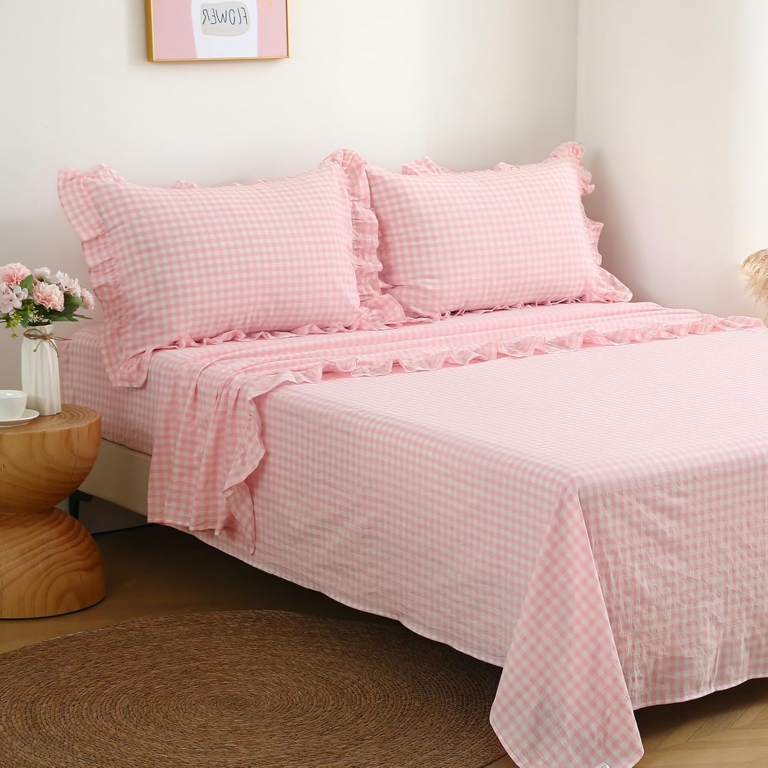 Peach Blush White Plaid Ruffle Gingham Sheets Twin Size Set