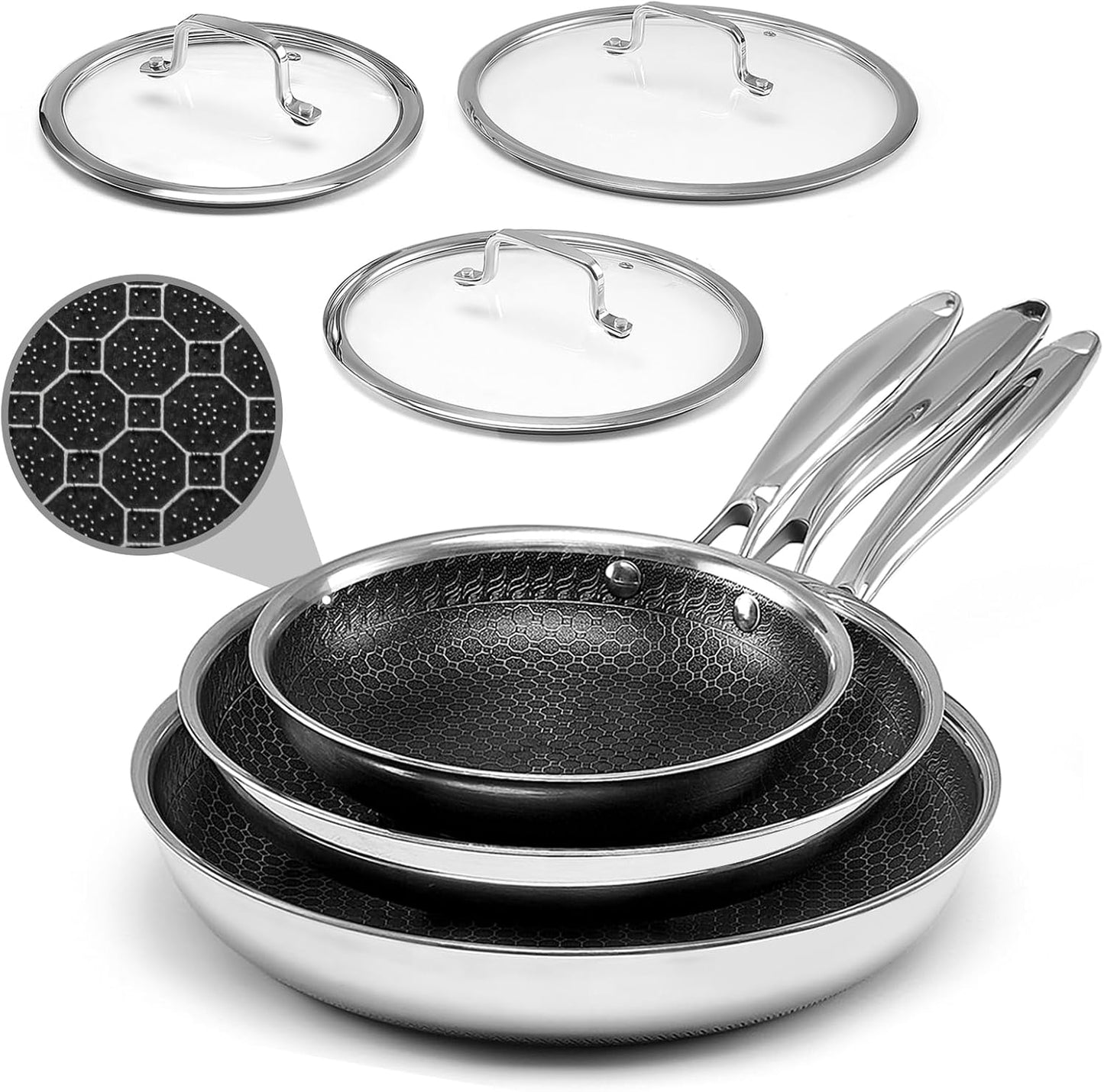 Nonstick Frying Pans Set with Lid, 8/10/12 inch Stainless Steel
