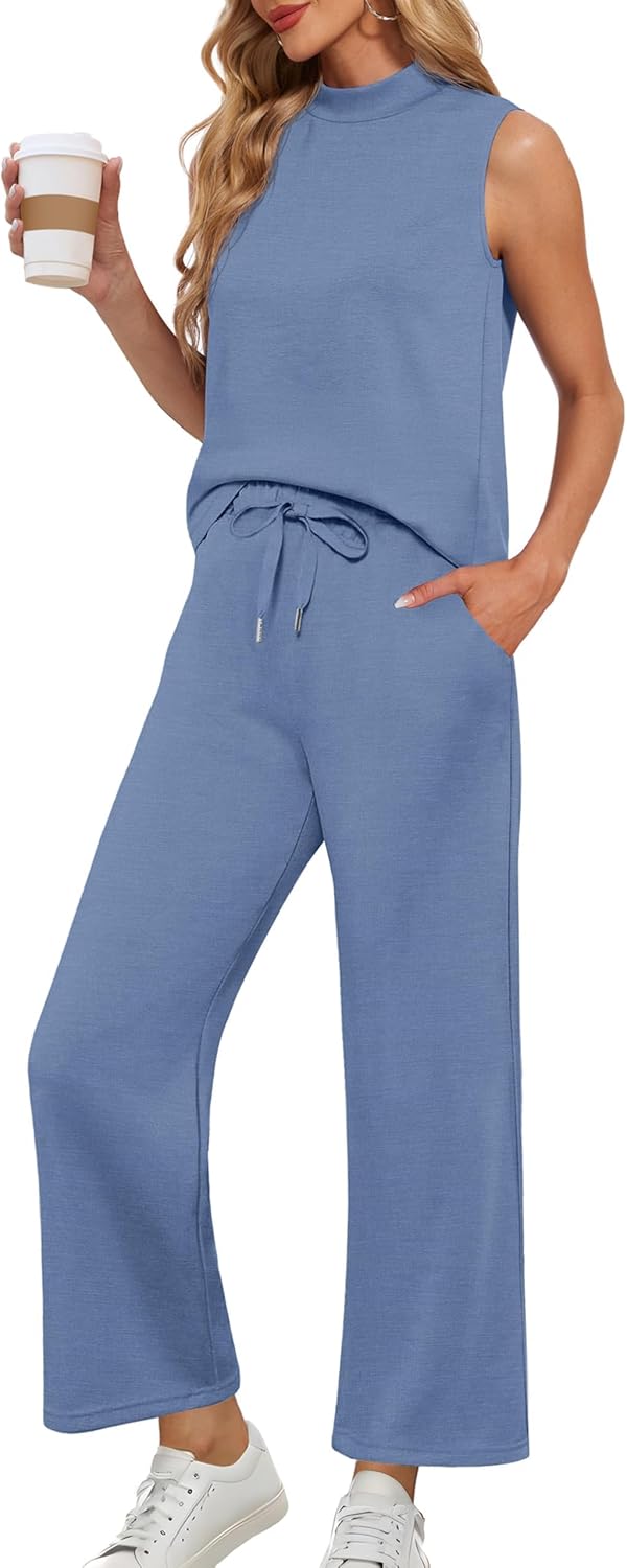 Lepunuo Two Piece Sets for Women Summer Mock Neck Lounge Wear