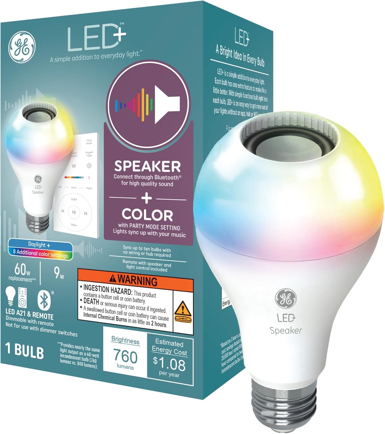 GE LED+ Color Changing Speaker Light Bulb with Remote Control