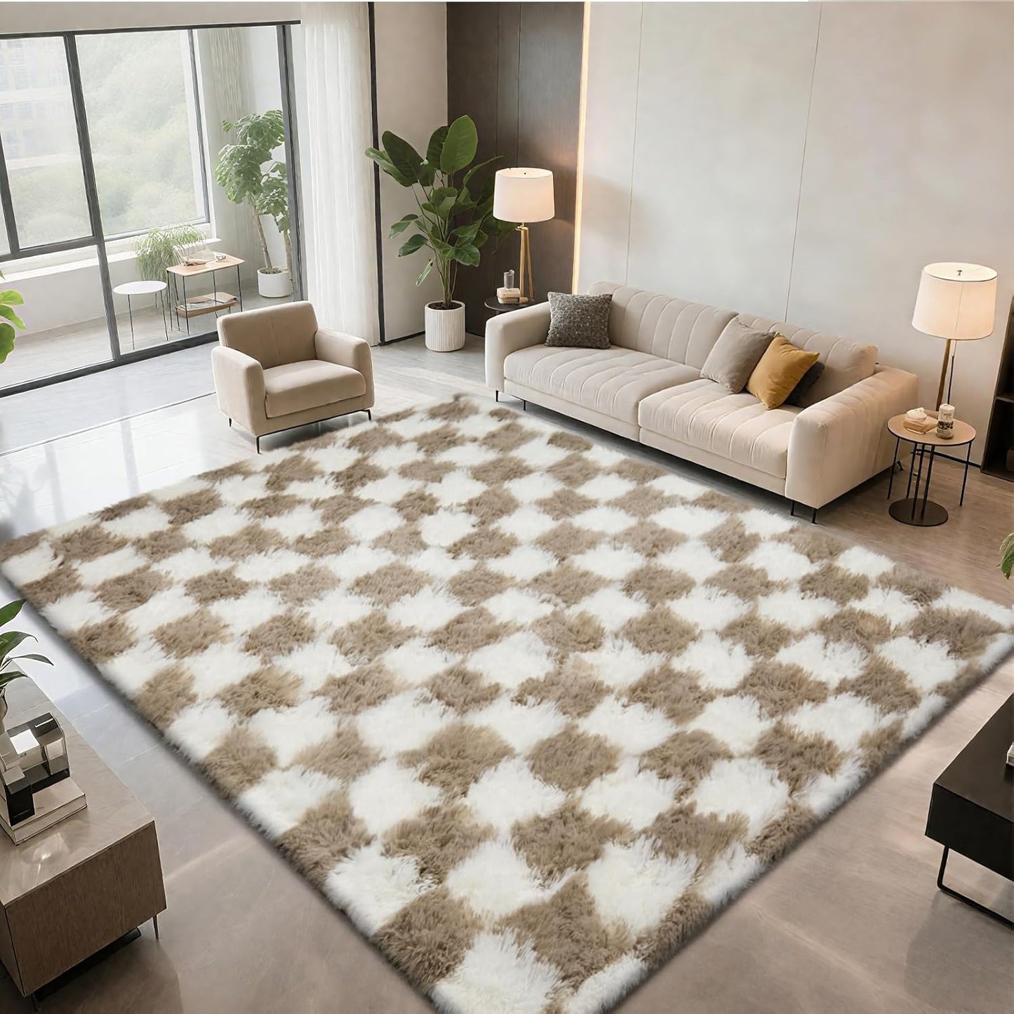 Checkered Area Rugs for Bedroom 5x8, Fluffy Beige and White