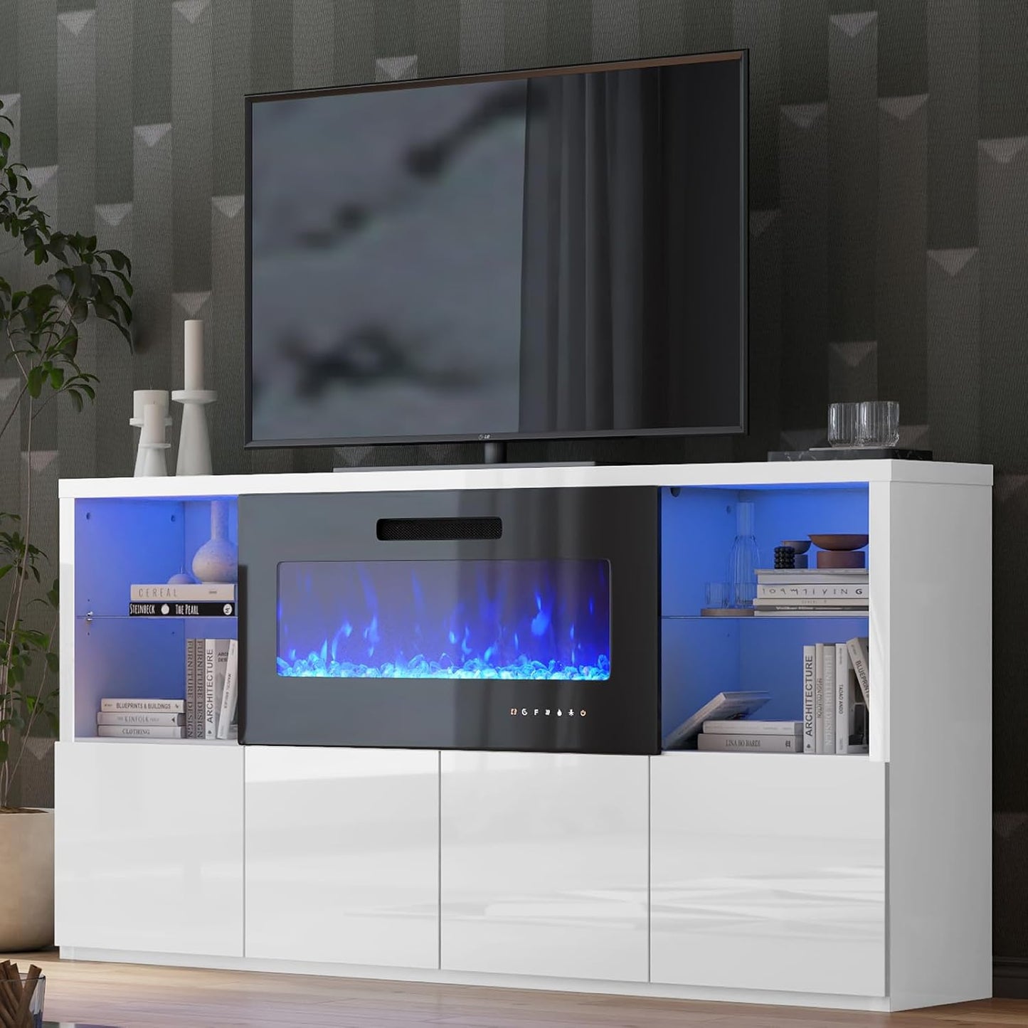 Modern 68'' Fireplace TV Stand w/ 40'' Fireplace & LED Lights