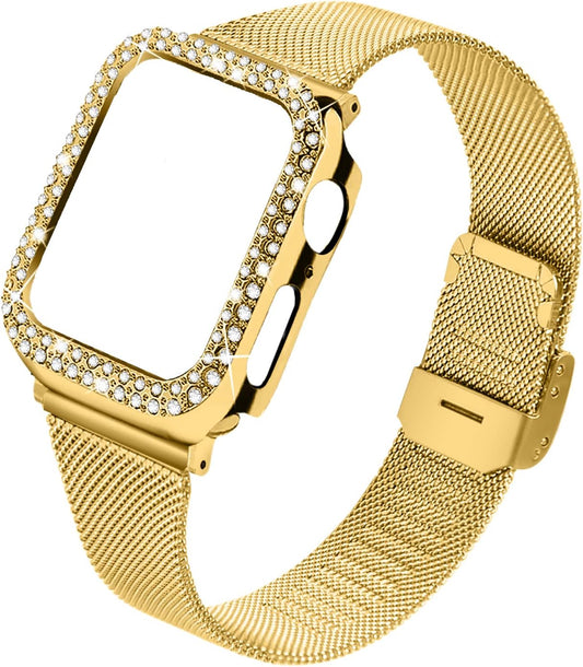 Joyozy Bling Mesh Band for Apple Watch - Crystal Diamond Case - Yellow Gold