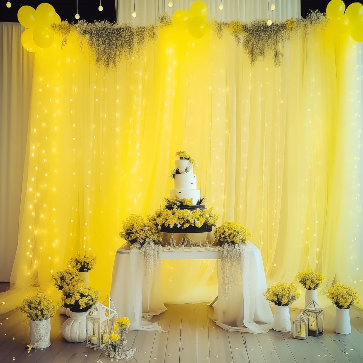 2010ft Yellow Tulle Backdrop Curtain with Lights for Events