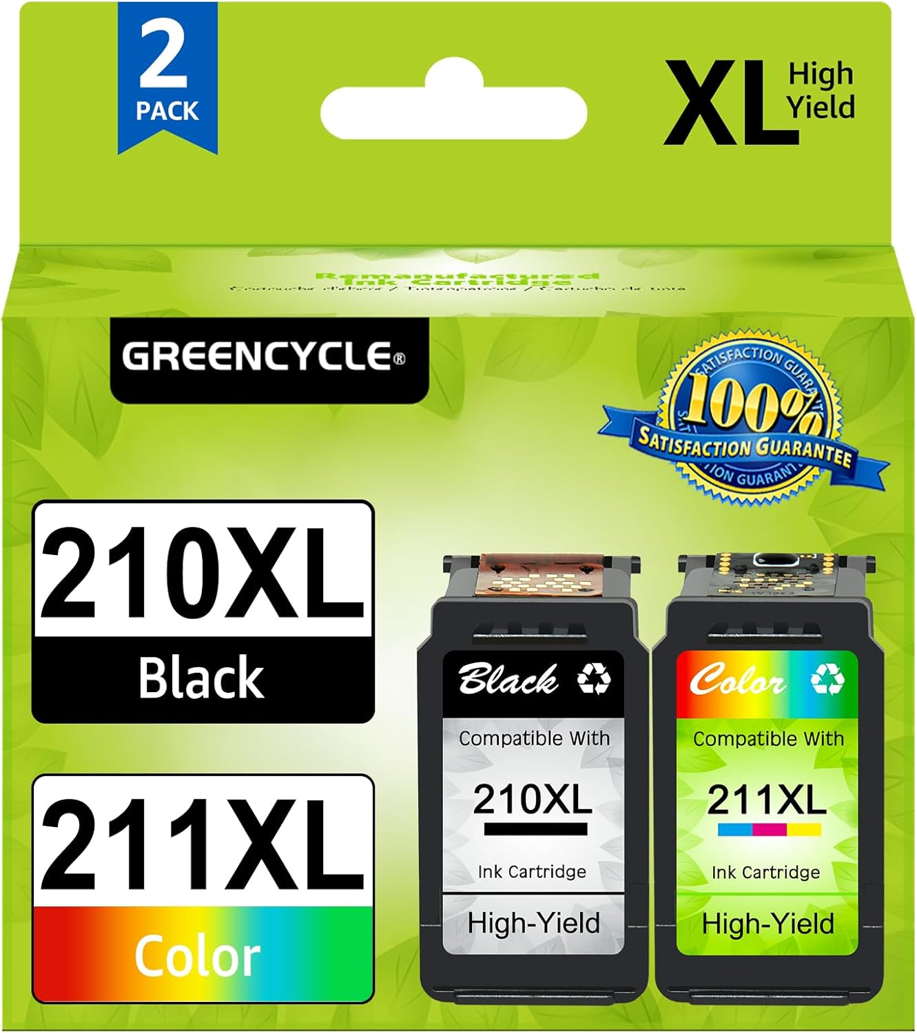 GREENCYCLE 2 Pack 210XL CL211XL Ink Cartridge for Canon