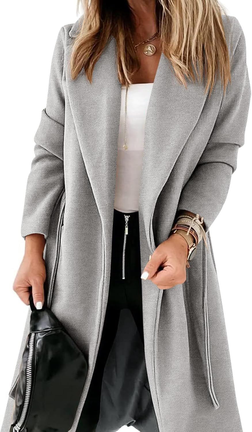 Womens Classic Coat Lapel Collar Open Front Belted Long Jacket