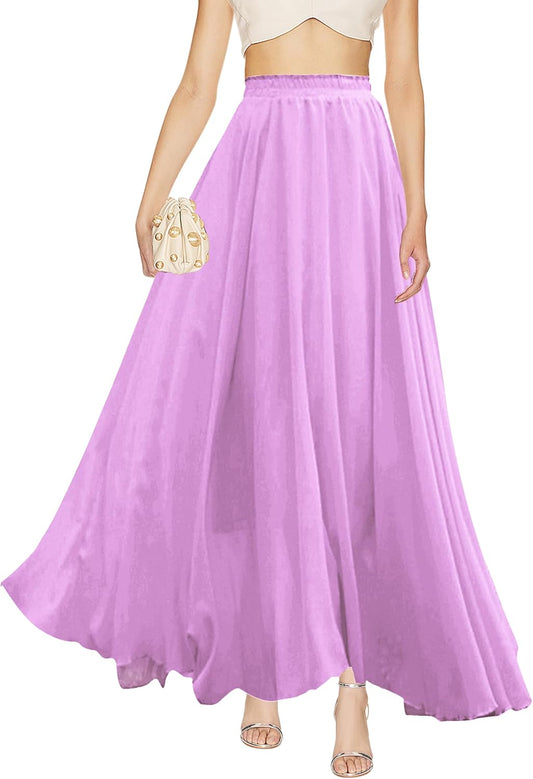 v28 Women Full Length Elastic Pleated Retro Maxi Skirt