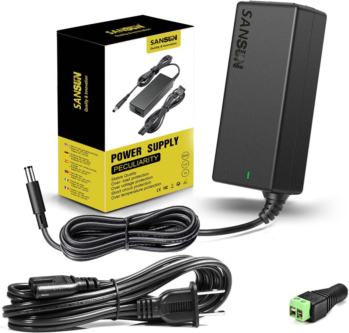 SANSUN 12V 5A Power Supply - 60W LED Driver for Strip Lights & More!