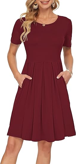 AUSELILY Women's Short Sleeve Pleated Casual Dress with Pockets