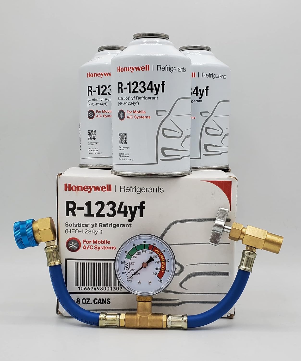 Genuine 8oz R1234YF Refrigerant Cans with Gauge for AC Recharge