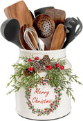 Christmas Utensil Holder Cute Wreath Ceramic Crock - Festive Kitchen