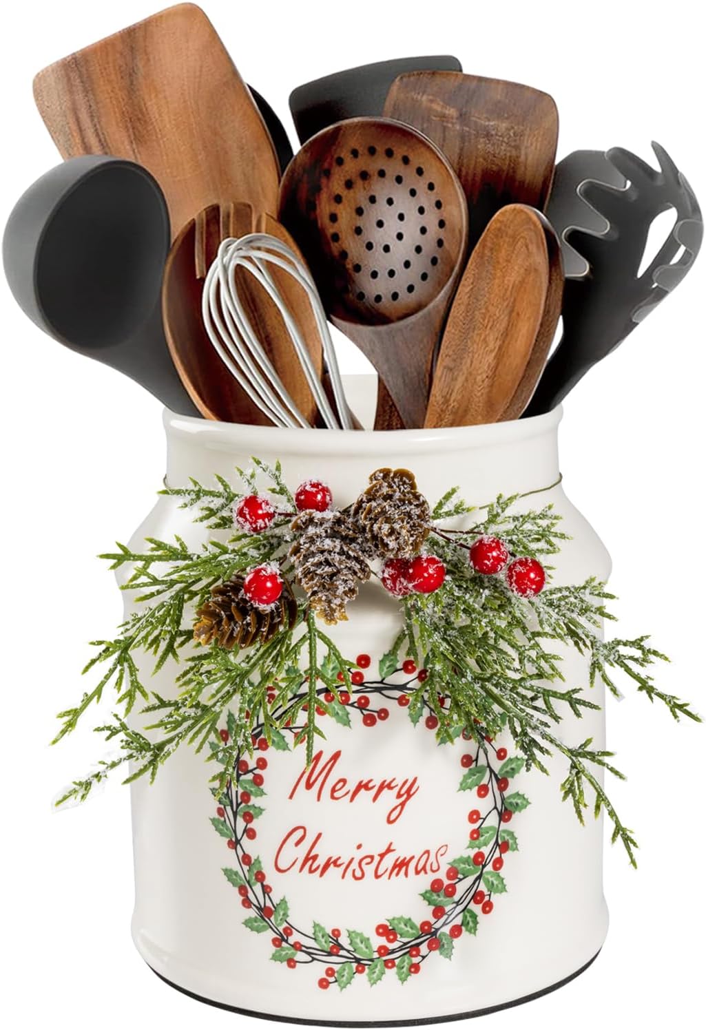 Christmas Utensil Holder with Wreath Design for Festive Decor