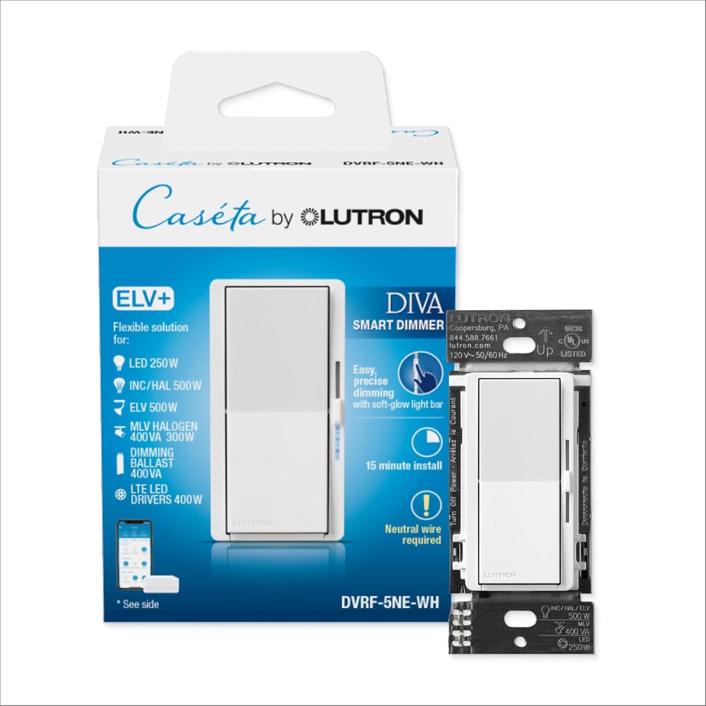 Lutron Diva Smart Dimmer Switch ELV+ for Caseta Lighting Control
