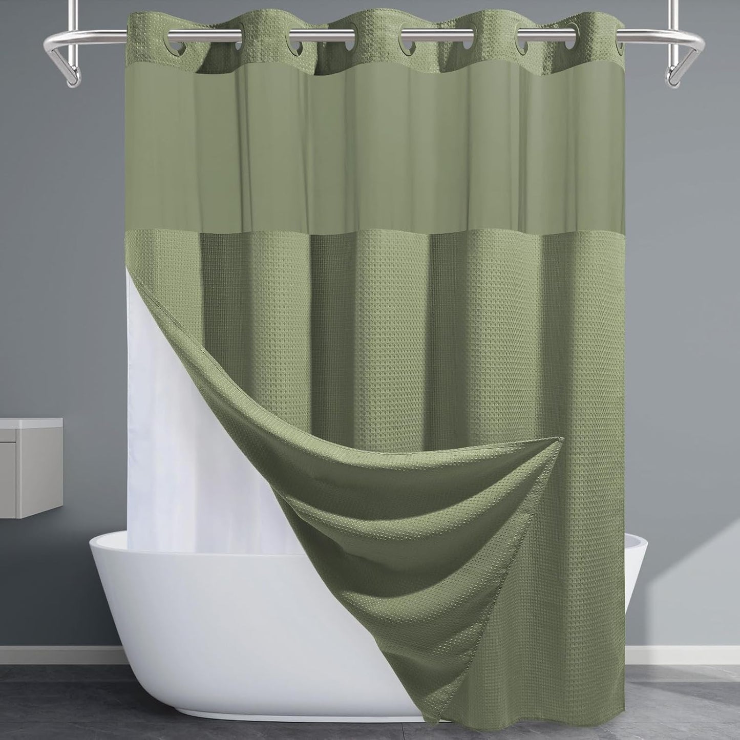 Sage Green Long Hotel Shower Curtain - Heavy Duty 230GSM Fabric