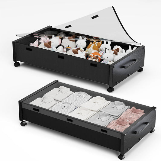 Wooden Under Bed Storage with Wheels for Clothes and Shoes