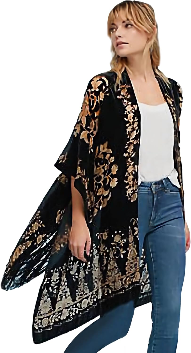 MJ SERECA Women's Burnout Velvet Kimono Long Cardigan Cover Up