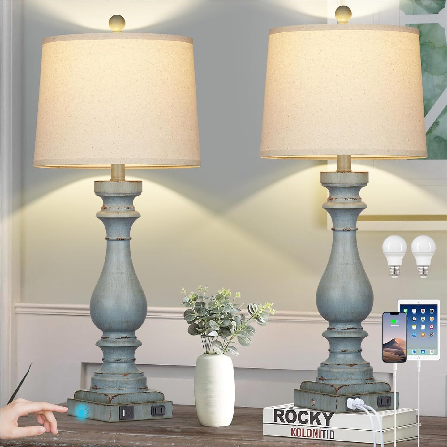 29 Inch Tall Table Lamp Set of 2 with USB Ports and Dimmable Control