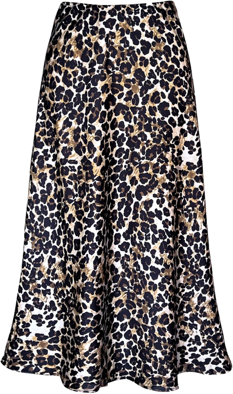 Women's Satin High Waist Flared Casual A Line Midi Skirt