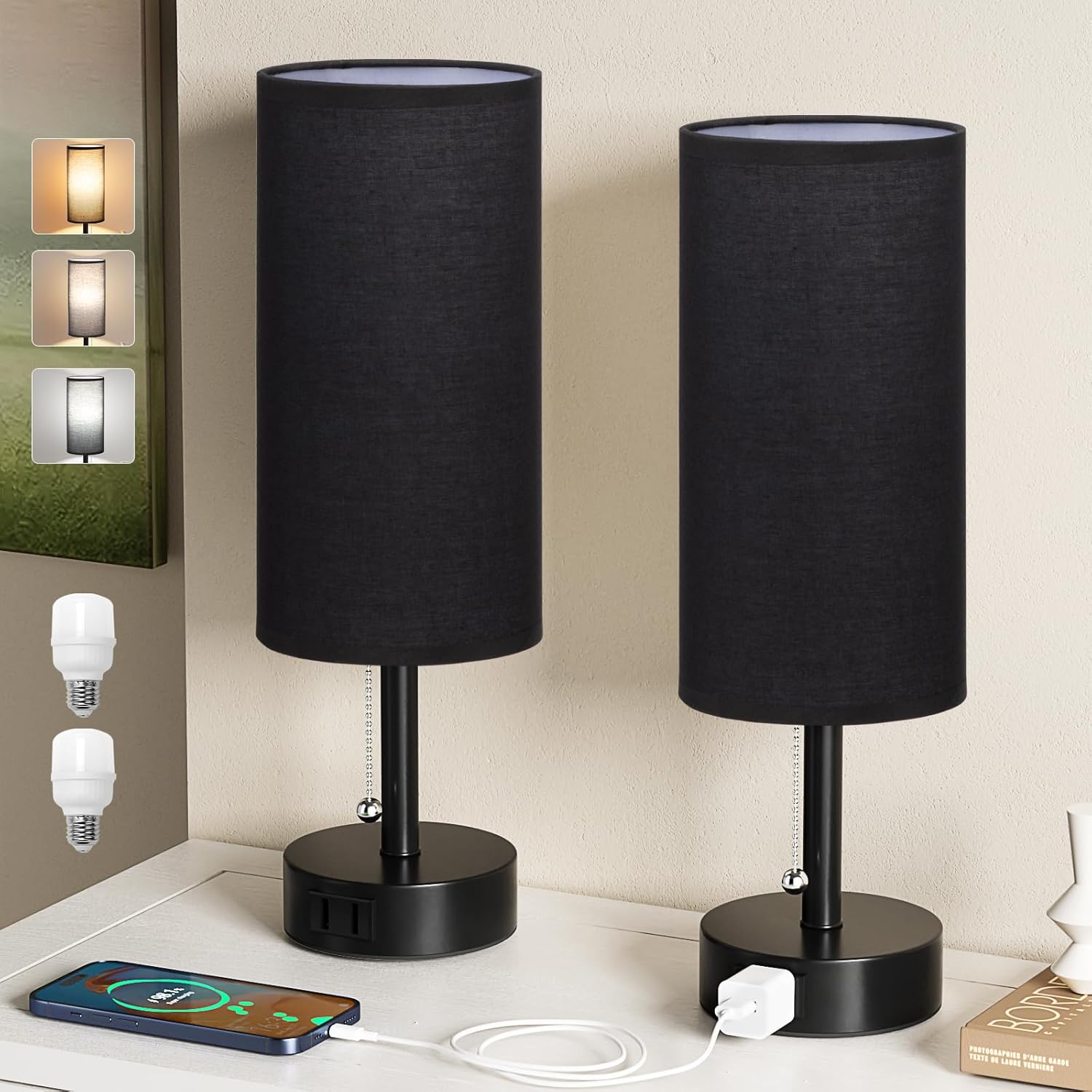 Black Bedside Table Lamps Set of 2 with AC Outlet and Bulbs