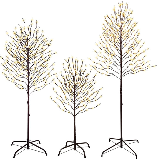 Twinkling Twig Trees Set with Warm White Lights for Decor