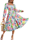 Boho Flowy Square Neck Floral Midi Dress - Comfortable Smocked Fit