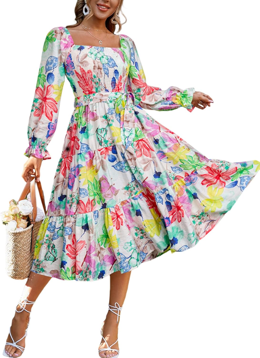 Amegoya Women's Boho Flowy Long Sleeve Floral Midi Dress