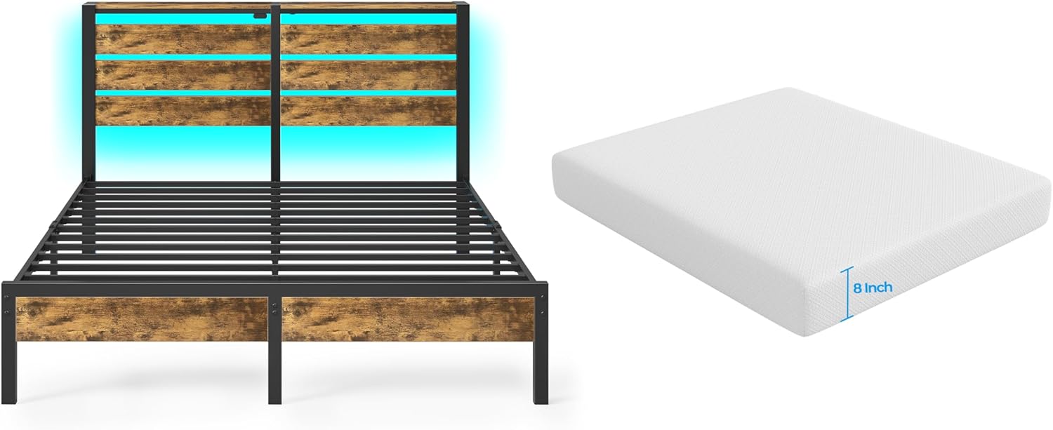 Rolanstar Queen Bed Frame with LED, Charging Station & Storage