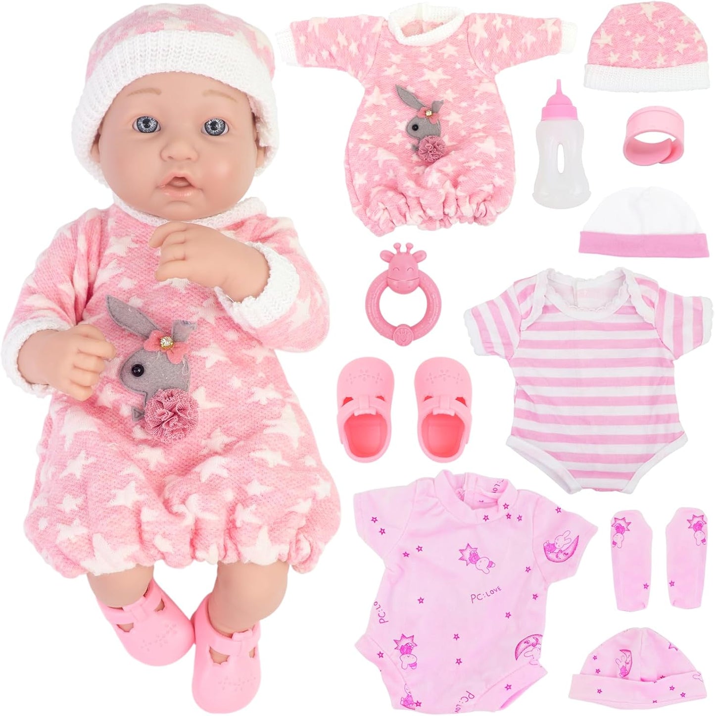 Ecore Fun 14 Inch Baby Doll Set - 12 Pcs Clothes & Accessories for Hours of Imaginative Play