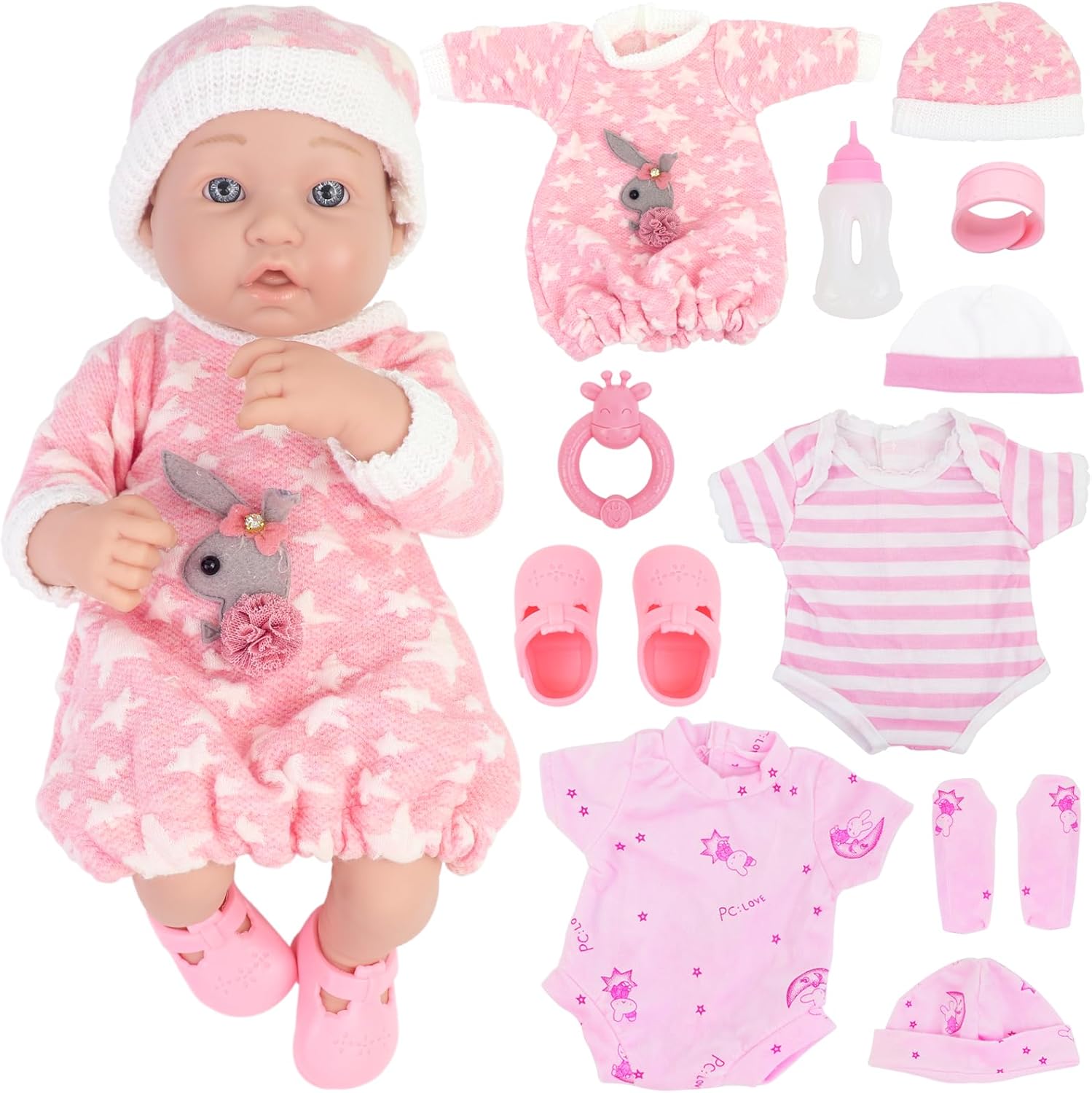Ecore Fun 14 Inch Baby Doll Set - 12 Pcs Clothes & Accessories for Hours of Imaginative Play