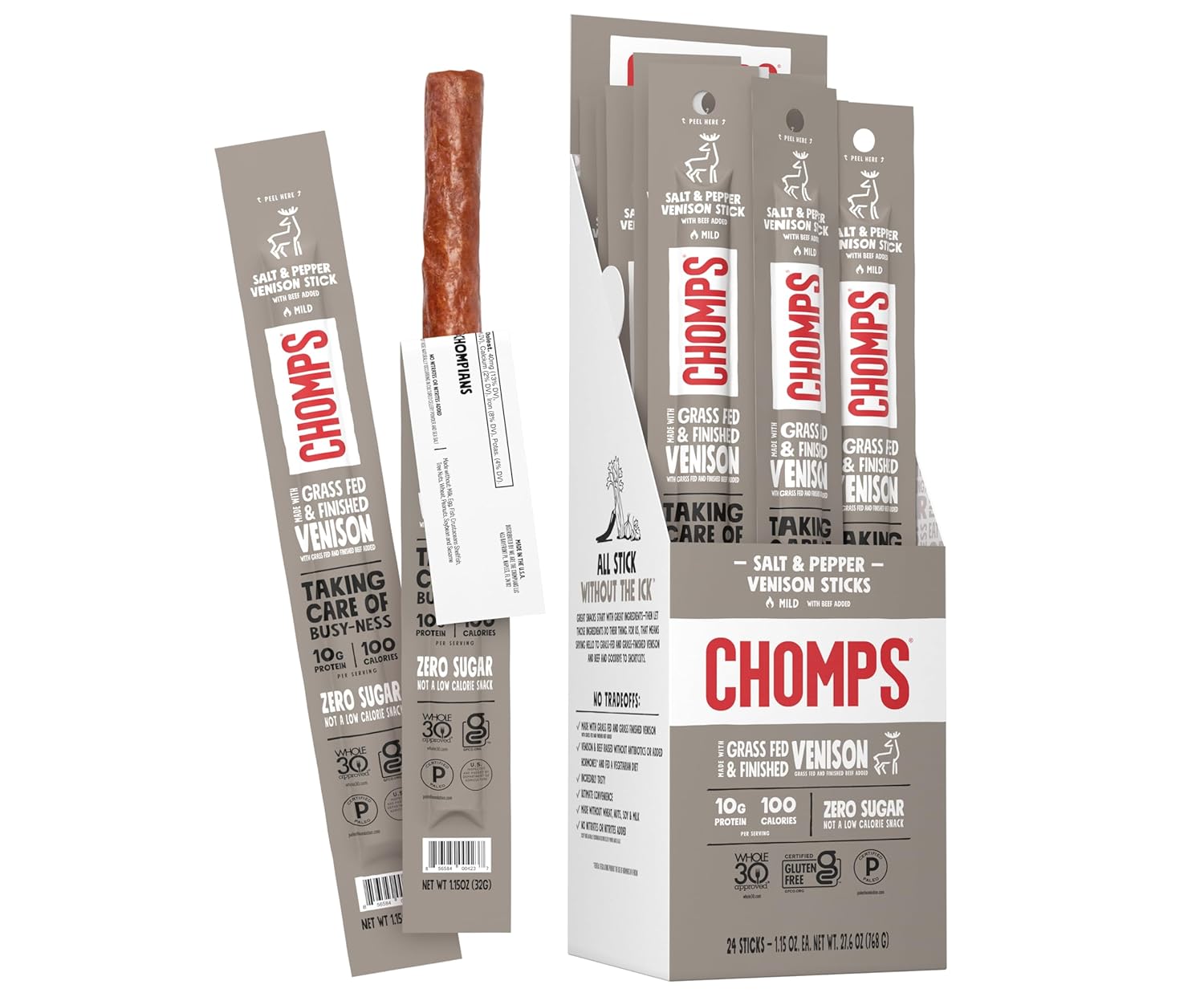 Chomps Grass Fed Venison Jerky Snack Sticks for Healthy Snacking