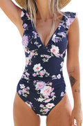 Women's Ruffled One Piece Swimsuit V Neck Lace Up - Flattering Fit