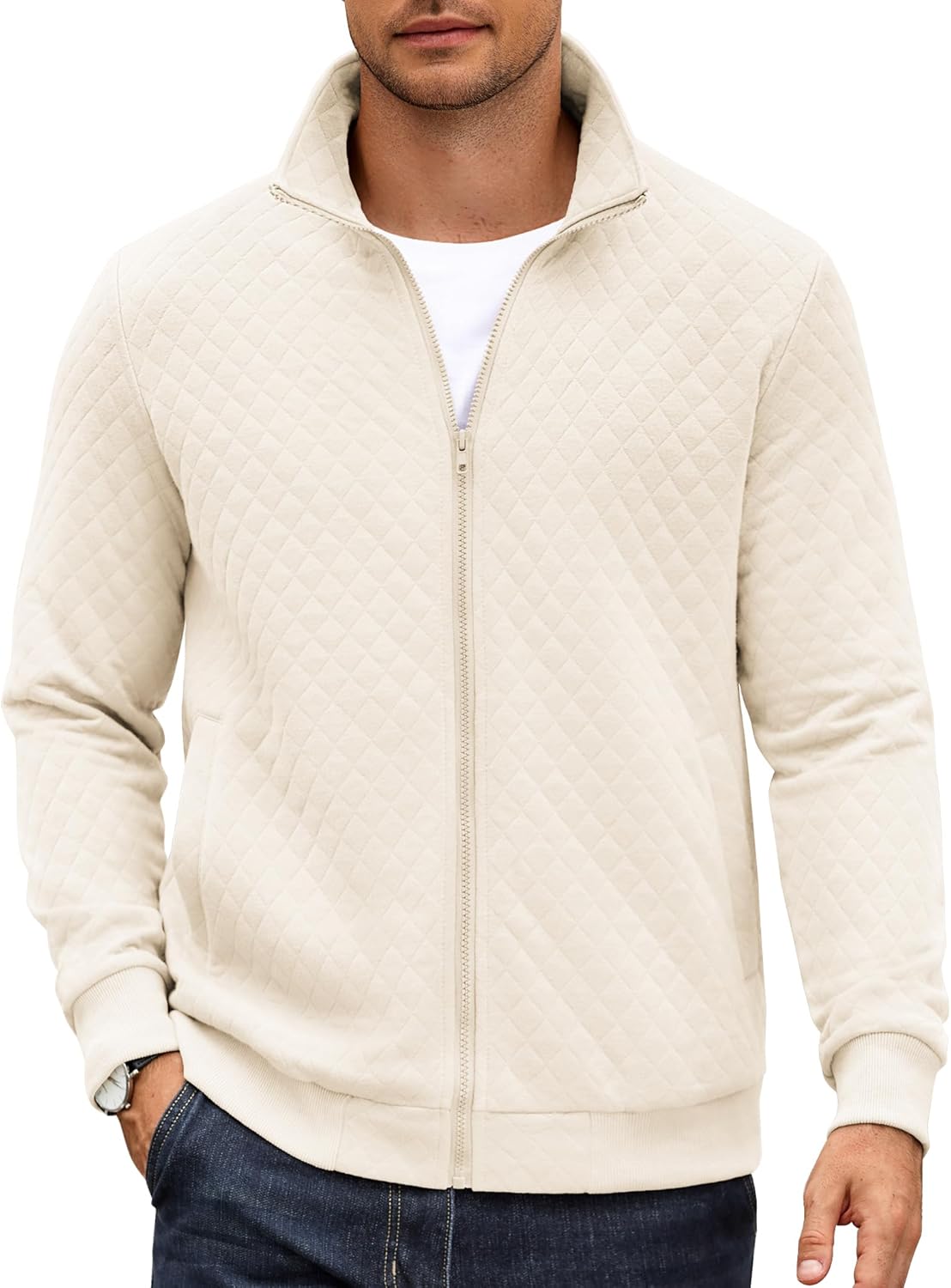 COOFANDY Mens Zip Up Sweatshirt Mock Neck Quilted Jacket