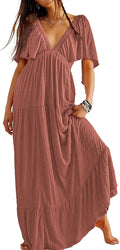 Kikibell Women V-Neck Maxi Dress Tiered Silhouette - Flowy Summer