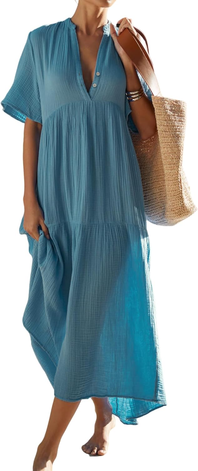 Womens Summer Cotton Flowy Maxi Dress for Casual Beach Wear