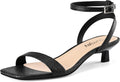 Women Kitten Heel Sandals Ankle Strap Square Open Toe - Raffia Black