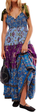 Women Floral Maxi Dress with Pockets - Smocked Boho Sundress
