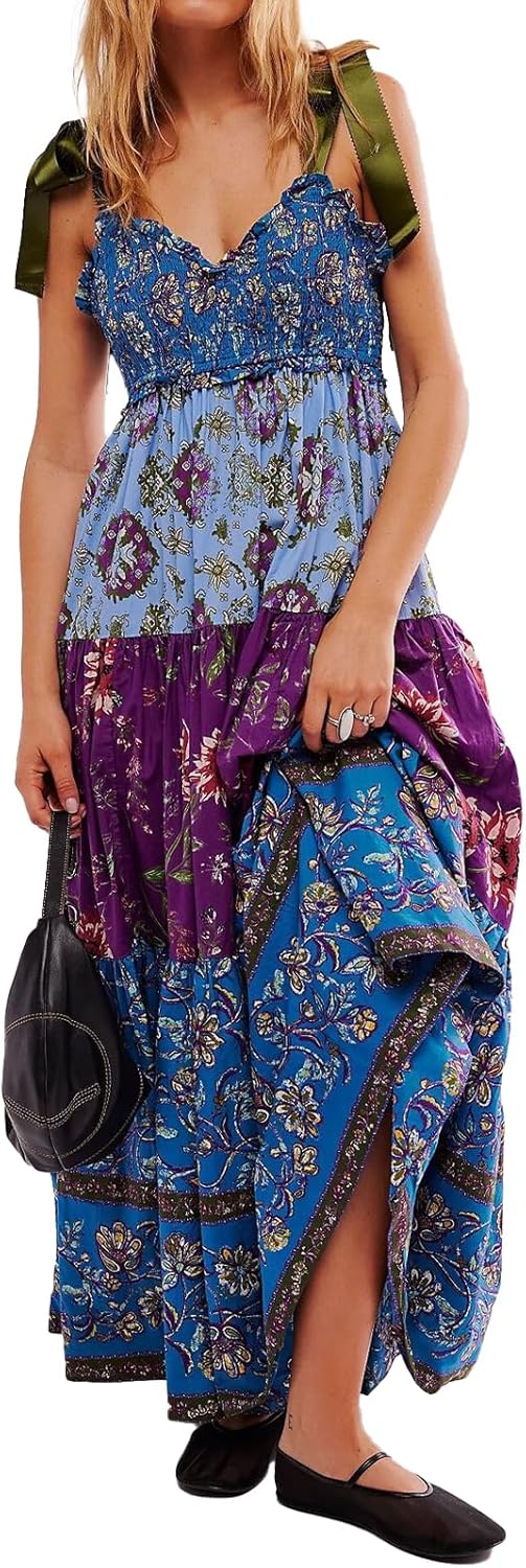 Women Floral Maxi Dress Sleeveless Tie Shoulder Bohemian Style
