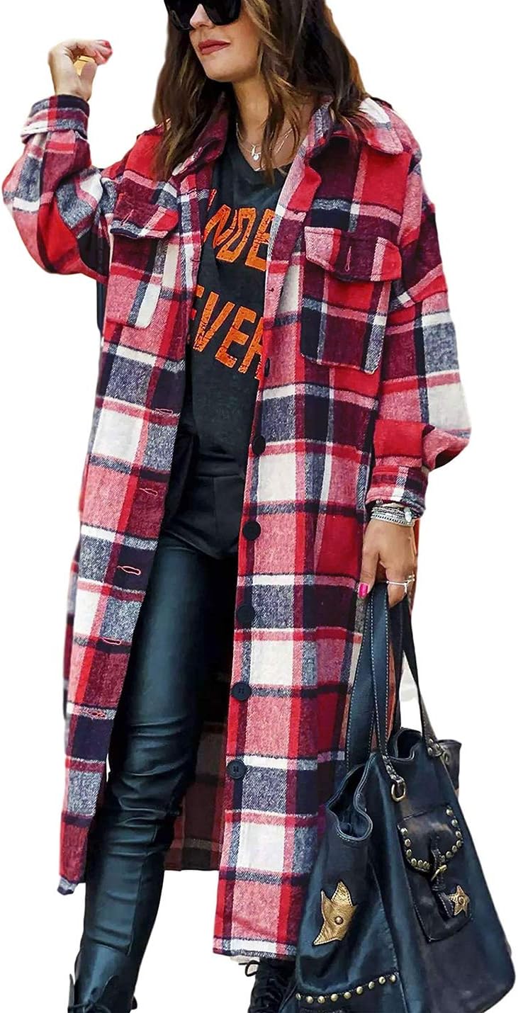 PUWEI Women's Casual Long Plaid Shacket Jacket for All Seasons