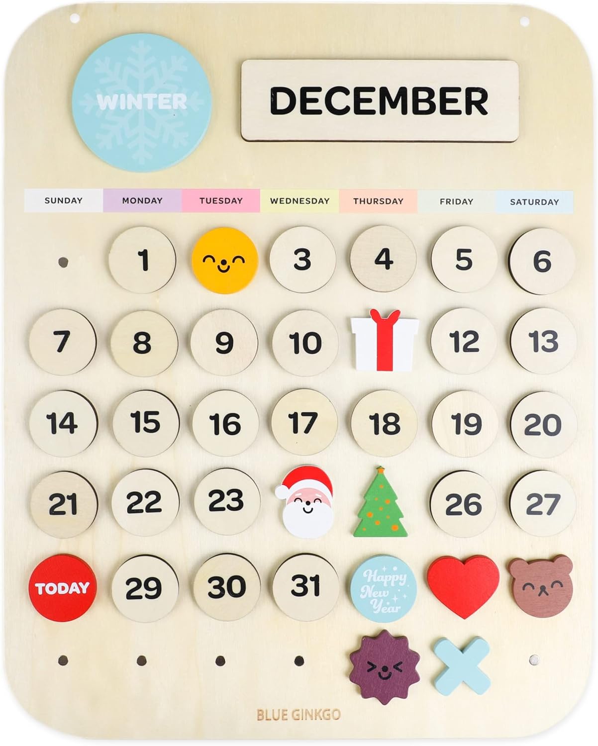 Blue Ginkgo Wooden Kids Calendar for Learning Days and Seasons