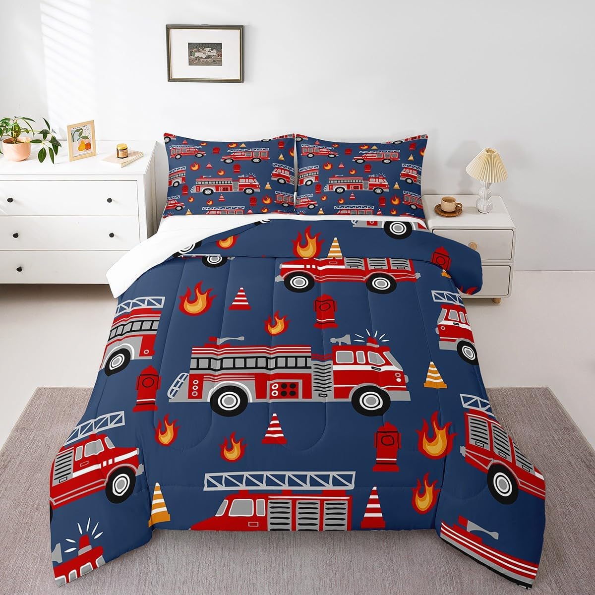 Cartoon Car Bedding Set for Kids with Fire Truck Design