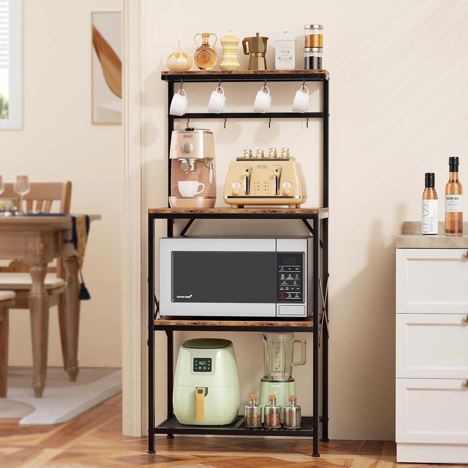 Rustic Brown Kitchen Bakers Rack - 4 Tier Storage & Coffee Bar