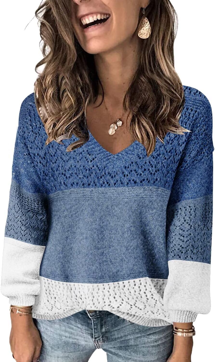 FEKOAFE Womens V Neck Long Sleeve Hollow Knit Pullover Sweater