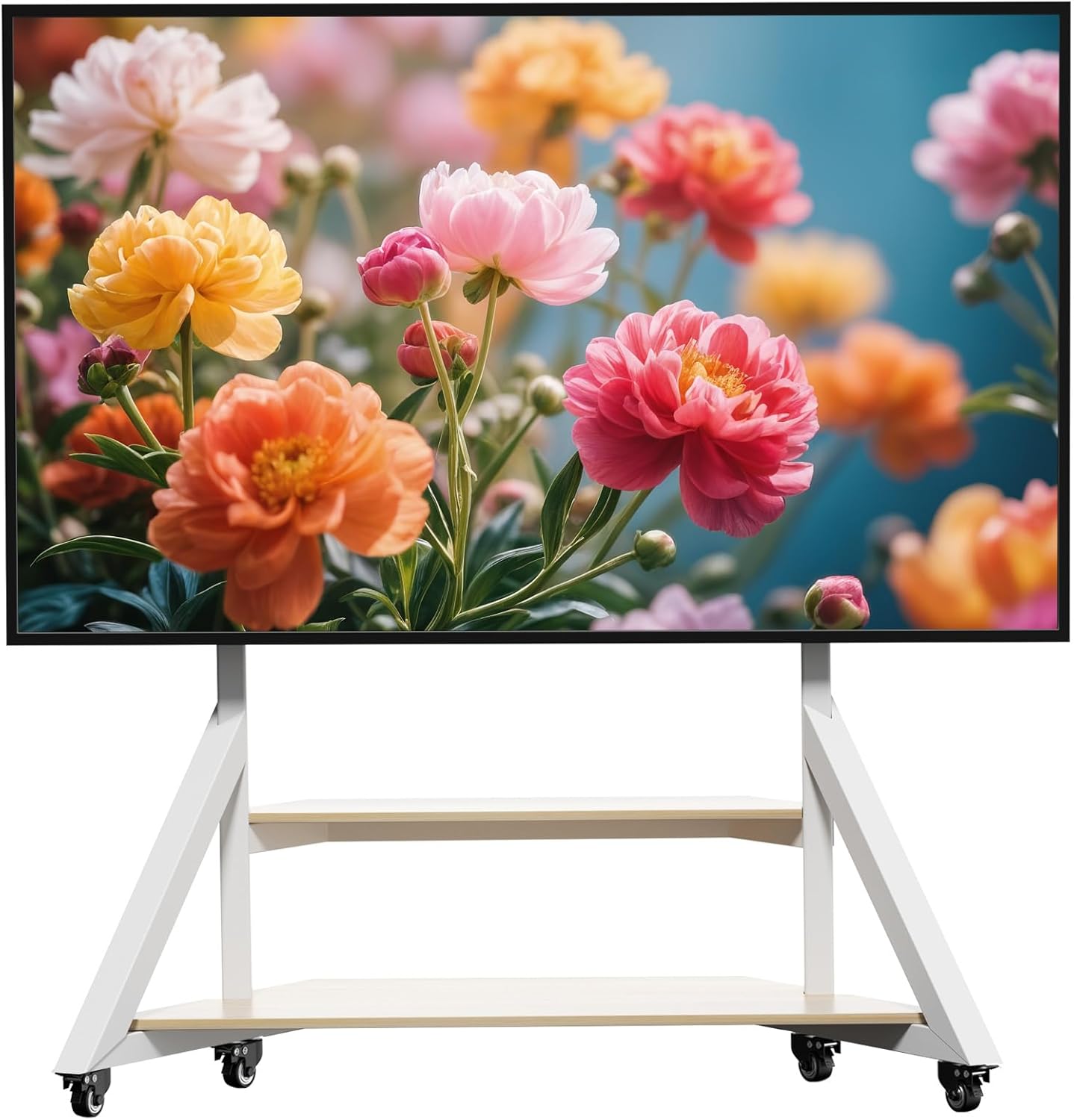 unho White TV Floor Stand with Wheels for 65 to 100 inch TVs