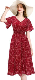 Chiffon Floral Summer Sun Beach Dress with V Neck and Elastic
