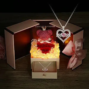 WILDLOVE Preserved Real Red Rose with Necklace and LED Lights