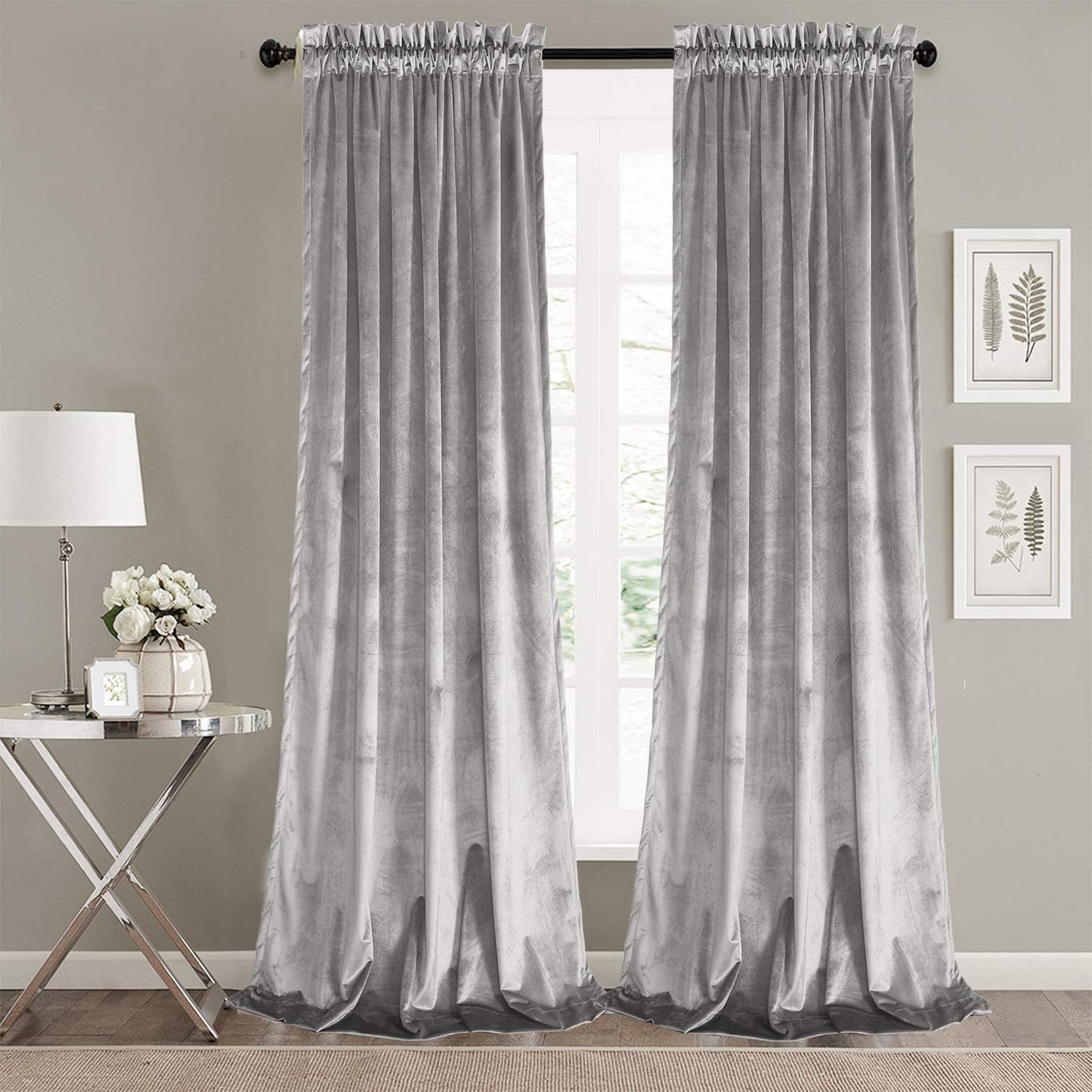 Roslynwood Home Living Room Silver Velvet Curtains for Elegance