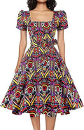 OBBUE Women's Square Neck Vintage 1950s Cocktail Dress - Puff Sleeve