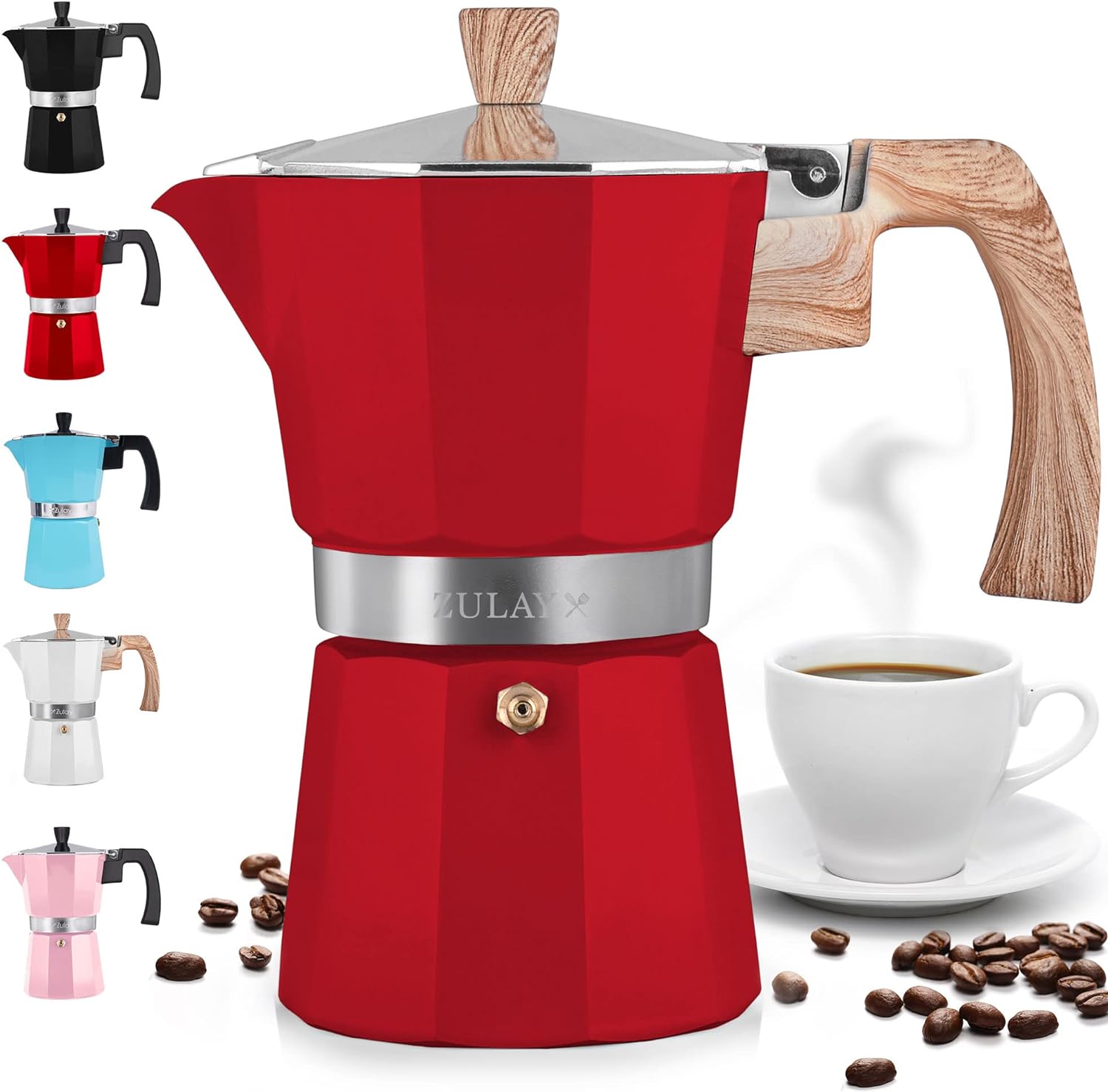 Zulay Kitchen Moka Pot - 3 Cups - Classic Espresso on the Go! (Red)