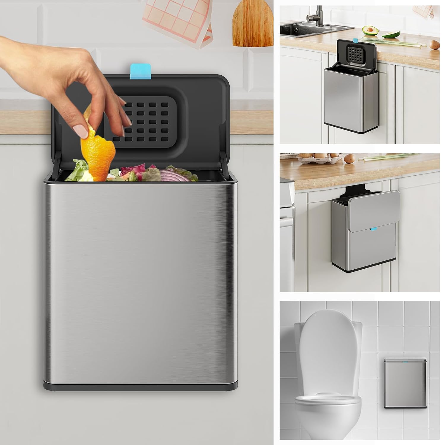 Stainless Steel Hanging Trash Can with Lid for Kitchen Use